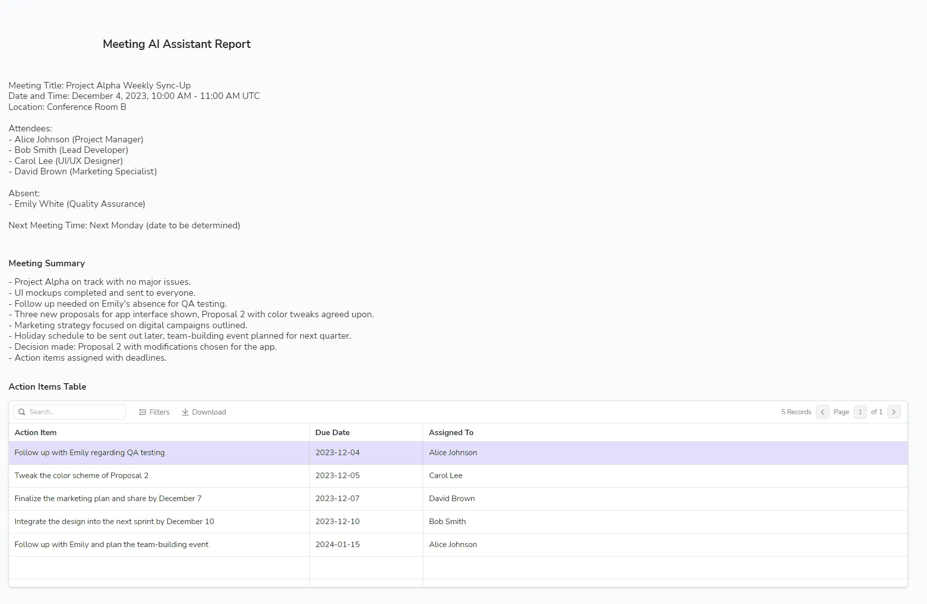 Meeting AI Assistant generated report on Appsmith dashboard
