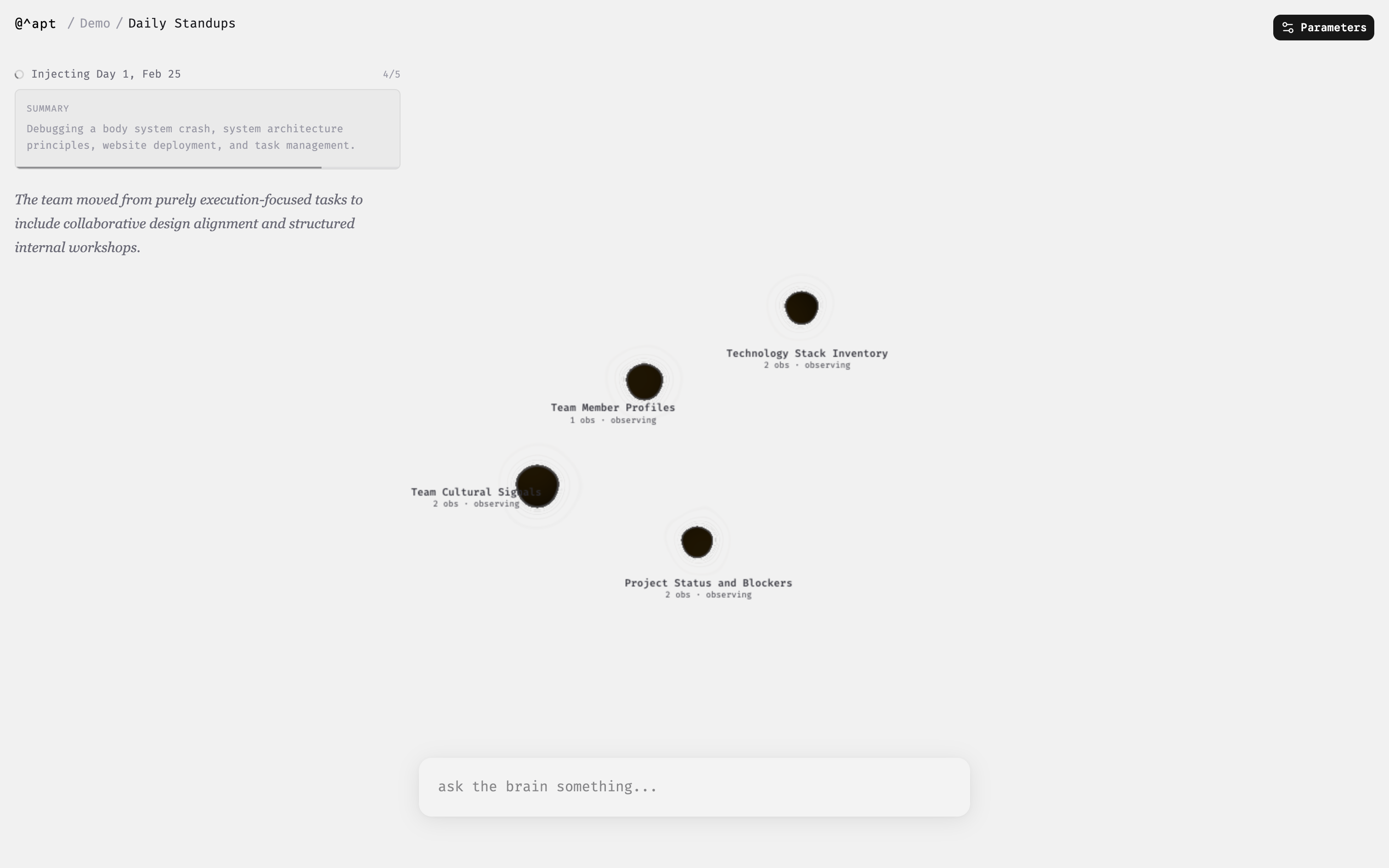 The Adapt demo showing four dark circular neuron nodes, including Team Member Profiles and Technology Stack Inventory, on a light gray background.