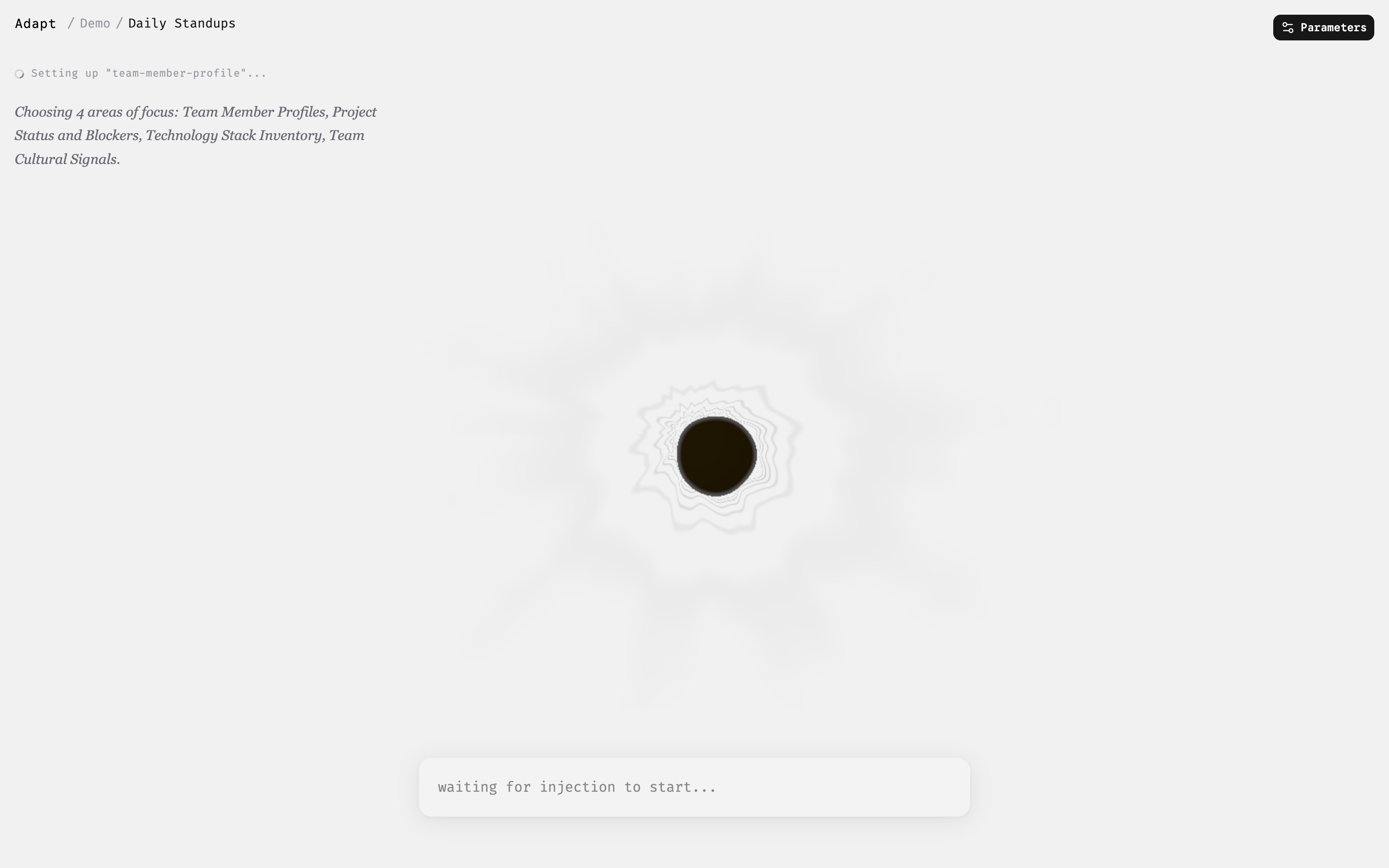 The Adapt demo initialization screen with a dark circular shape surrounded by radiating contours and status messages about setting up a team member profile.