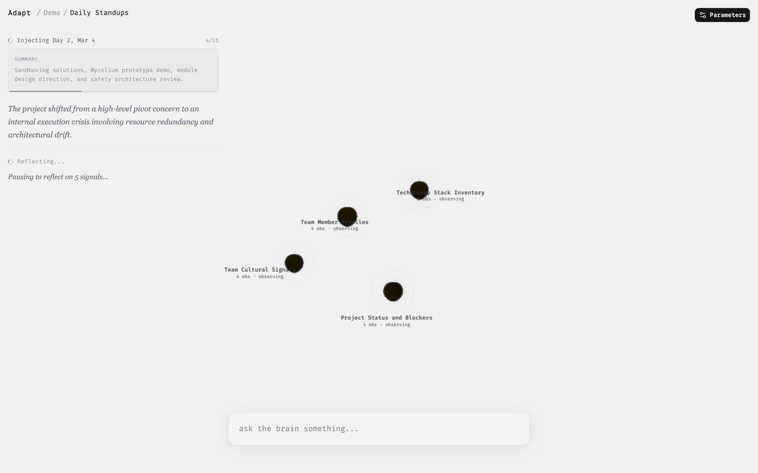 The Adapt demo showing a network visualization of four fuzzy black neuron nodes, including Team Member Profiles and Project Status and Blockers.