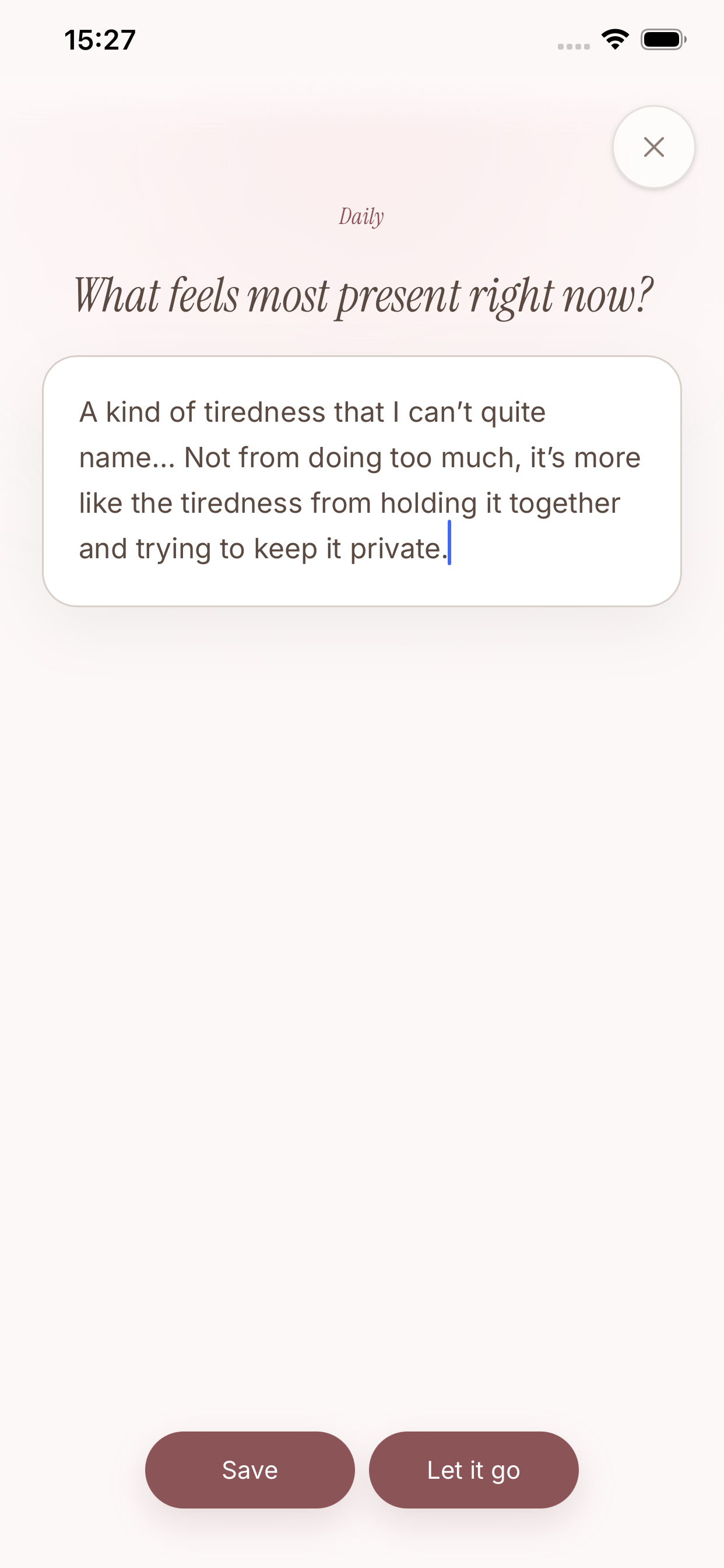 A daily prompt screen asking 'What feels most present right now?' with a written reflection about a tiredness that comes from holding things together, and Save or 'Let it go' options.