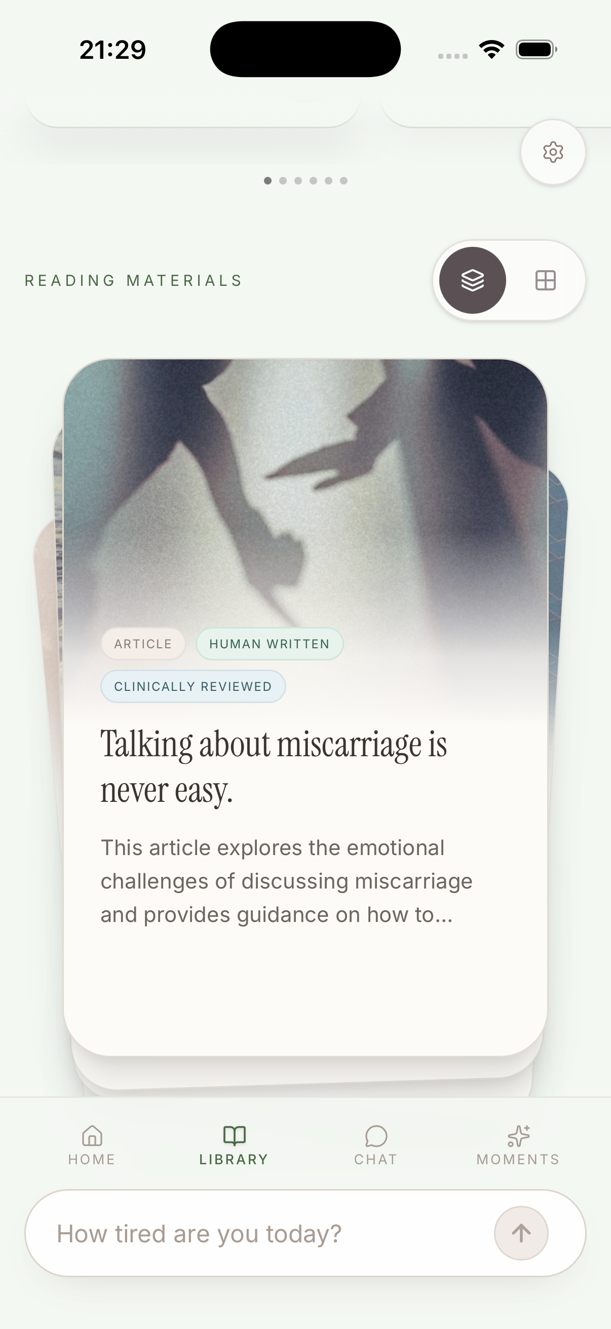 A Sibyl reading materials screen showing an article card titled 'Talking about miscarriage is never easy,' with badges for Article, Human Written, and Clinically Reviewed.